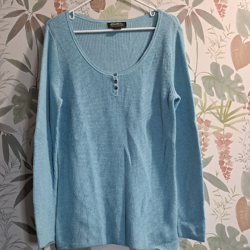 Eddie Bauer Light Blue Cotton Nylon Angora Long Sleeve Waffleknit Top Size Large